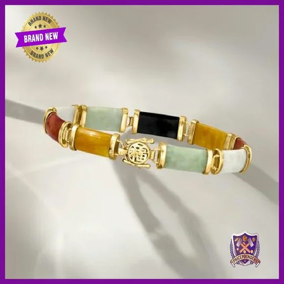 18kt Gold Over Sterling Jade Bracelet 7.5 Inch Figure 8 Clasp